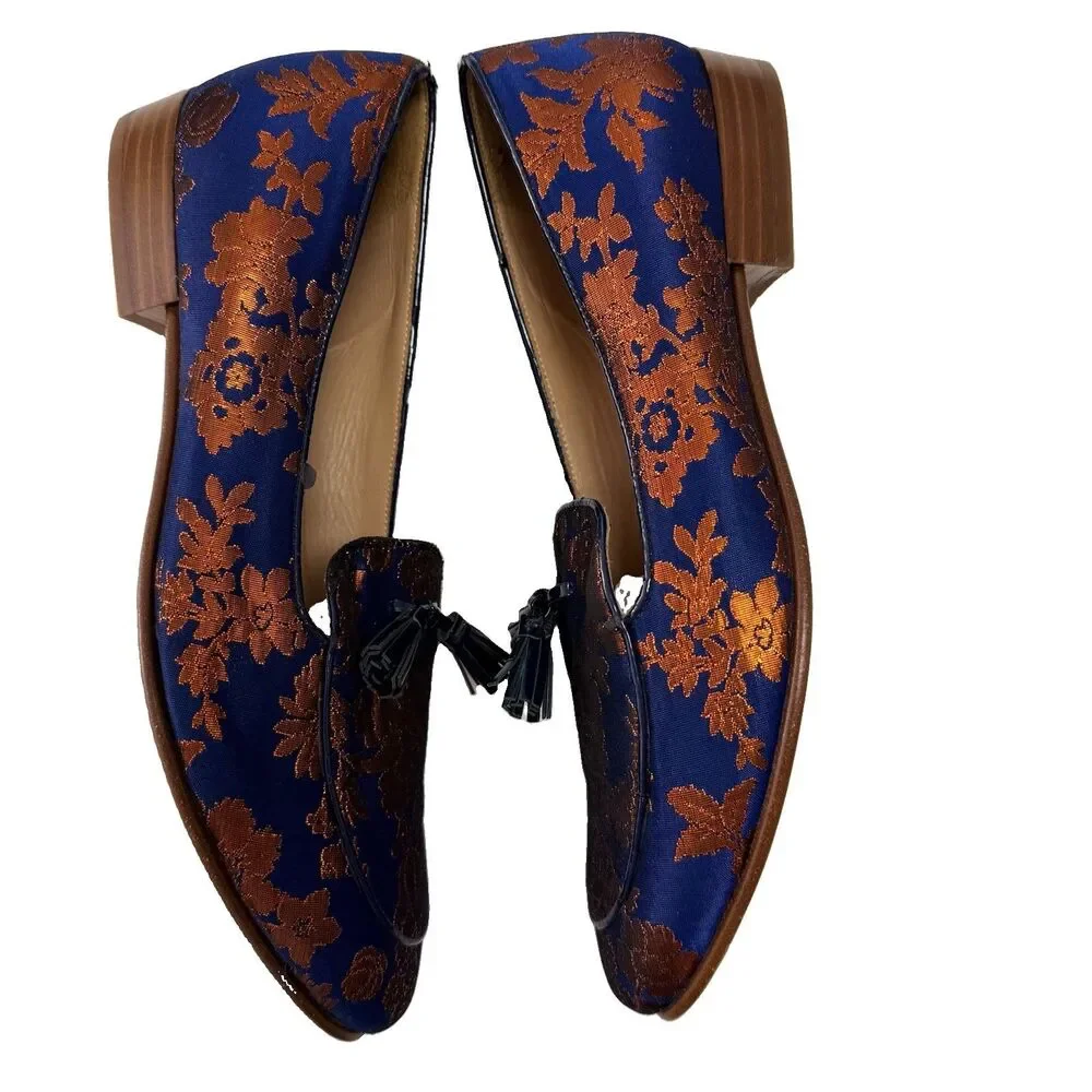 J. Crew Navy & Copper Orange Metallic Jacquard Tasseled Leather Sole Loafer Sz 7